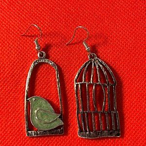 Seafoam Bird on Swing 2.5 Inch Silver Tone French Hook Pierced Earrings